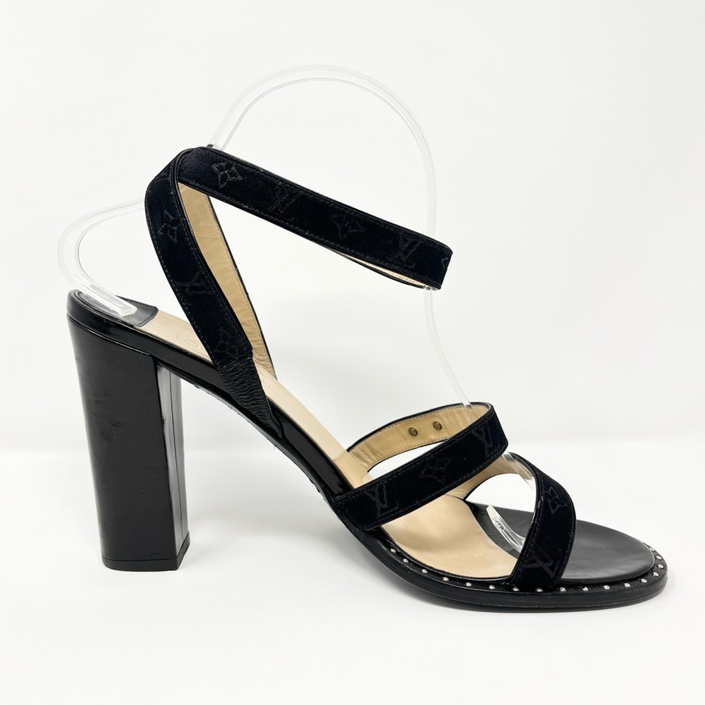 Louis Vuitton Mini Lin Logo Monogram Black Sandals High Heels Shoes Womens 40 10 - Picture 5 of 12